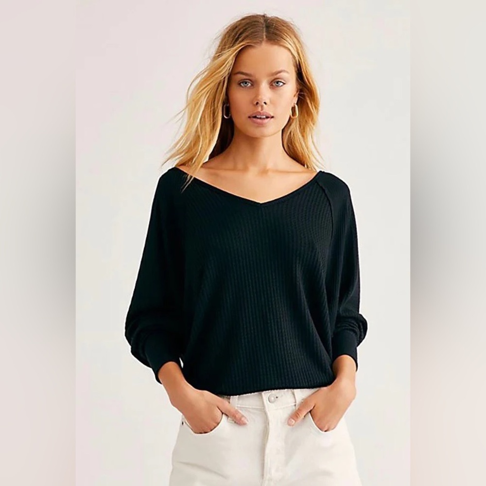 We The Free SANTA CLARA THERMAL DOLMAN BLACK WAFFLE KNIT TOP Large